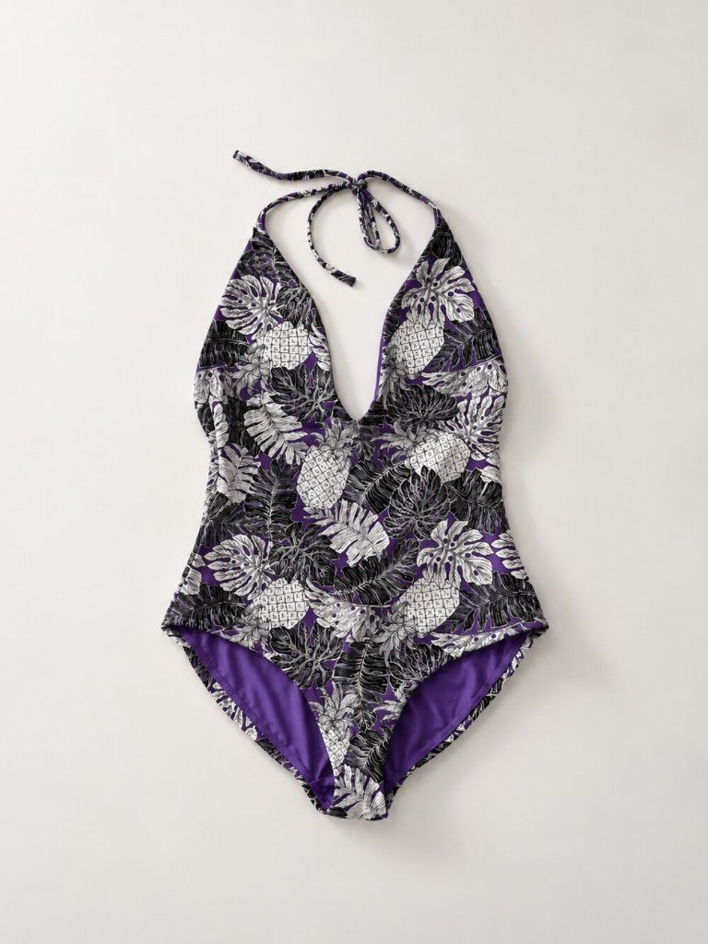 Onia Women's S Purple Pineapple Tropical Plunge Halter One Piece Swimsuit Resort